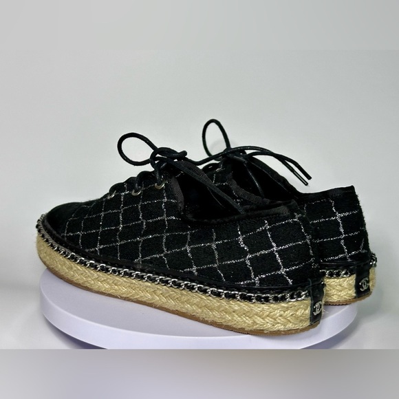 Chanel Black Quilted Lace-Up Espadrille Sneakers Size 38 Designer Luxury - Picture 13 of 13